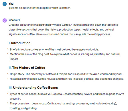 Blog outline about what is coffee written by ChatGPT
