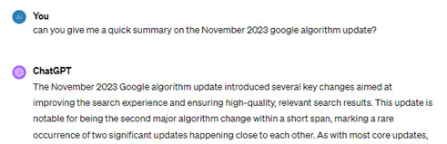 ChatGPT summary about the November 2023 Google algorithm update